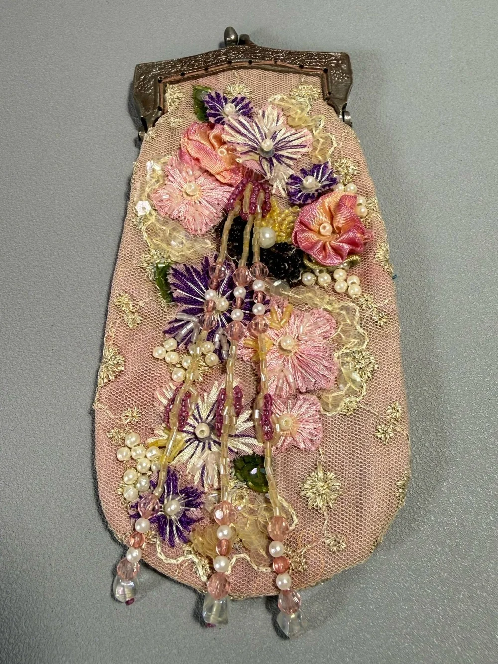 Wayne M Kleski Vintage Pink Silk & Mesh Floral Embroidered Beaded Clutch
